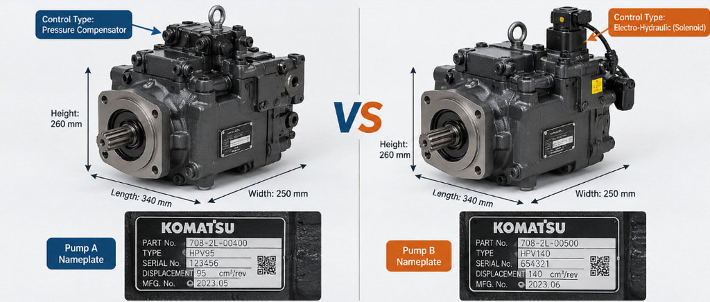 Two hydraulic pumps may have the same external dimensions but differ in displacement and control methods.