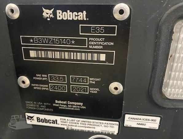 Bobcat excavator nameplate